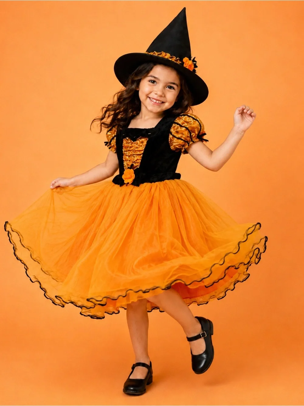 Target Girls Witch Halloween Costume Dress & Hat Orange Gold Black Size 4-5T